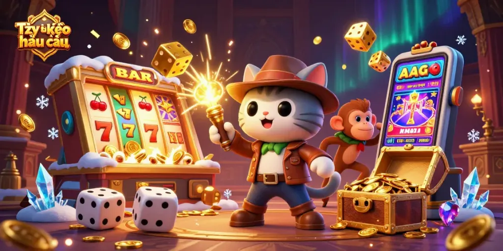 Engage with Tỷ lệ kèo nhà cái as the explorer cat uncovers hidden casino treasures amid a vibrant gambling scene.