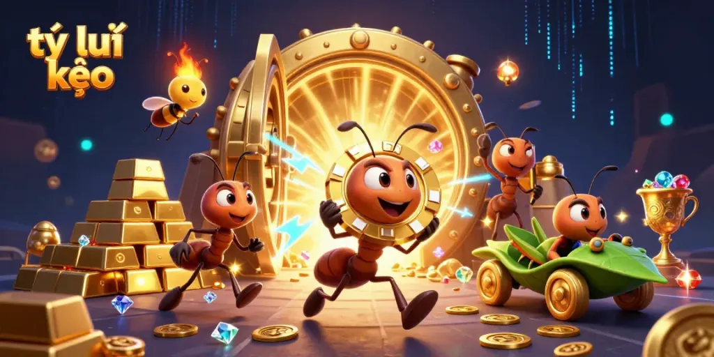 Capture tỷ lệ kèo action with animated ants heisting a giant poker chip in a vibrant casino atmosphere.