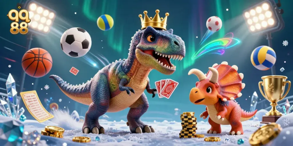 Experience the excitement of qq 88 with a 3D T-Rex dealing cards and a pterodactyl in a vibrant casino scene.