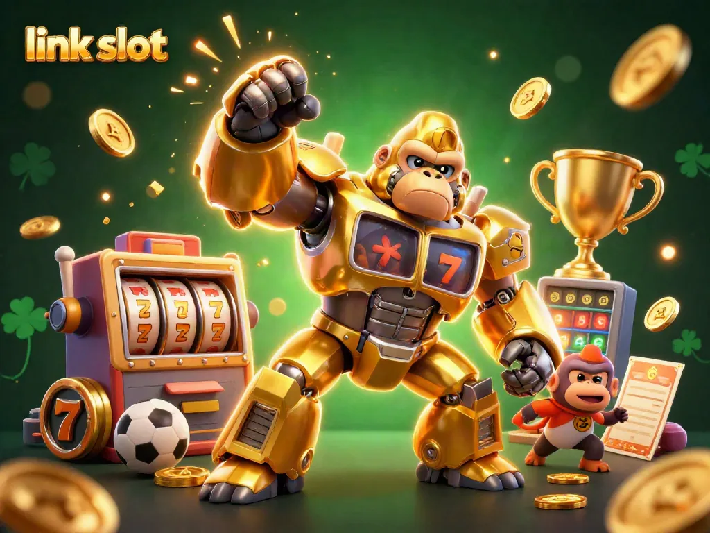 Spin the reels and win big with this dynamic link slot action scene featuring a golden gorilla mech.