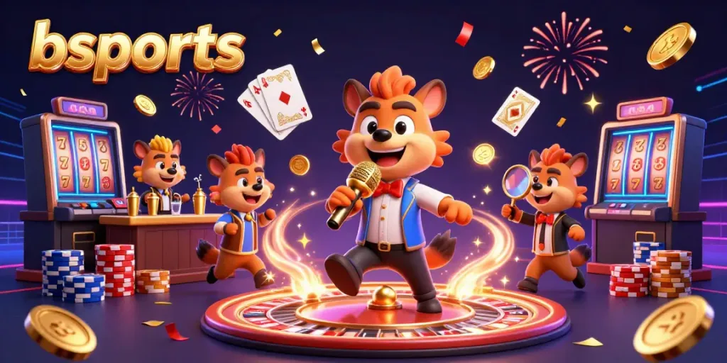 Experience the vibrant energy of bsports with animated hyenas in a casino scene featuring dazzling gaming elements.