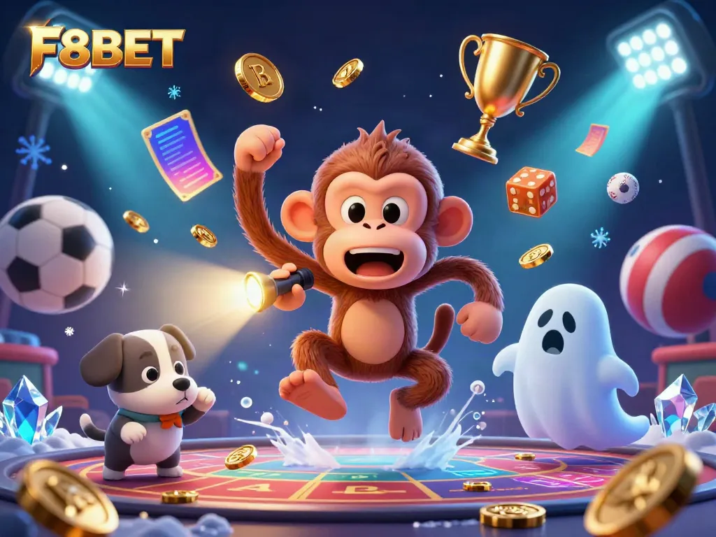 Join the thrill with F8BET's haunted casino, featuring playful characters and dynamic gambling elements.