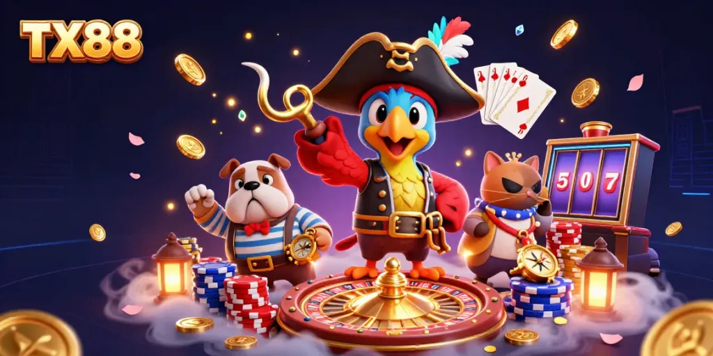 Engage in thrilling gaming adventures with TX88, featuring exciting casino elements and dynamic characters.