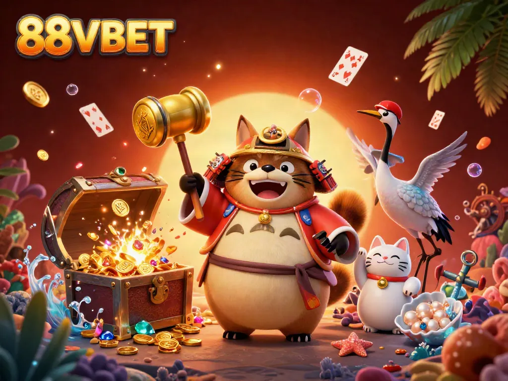 Experience the vibrant fun at 88VBET with cheerful raccoon and fortune cats around hidden treasures.