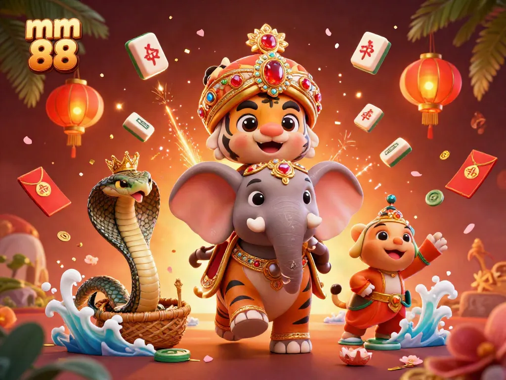 Experience mm 88 with a vibrant 3D visual of a maharaja tiger, elephant, and gaming elements.