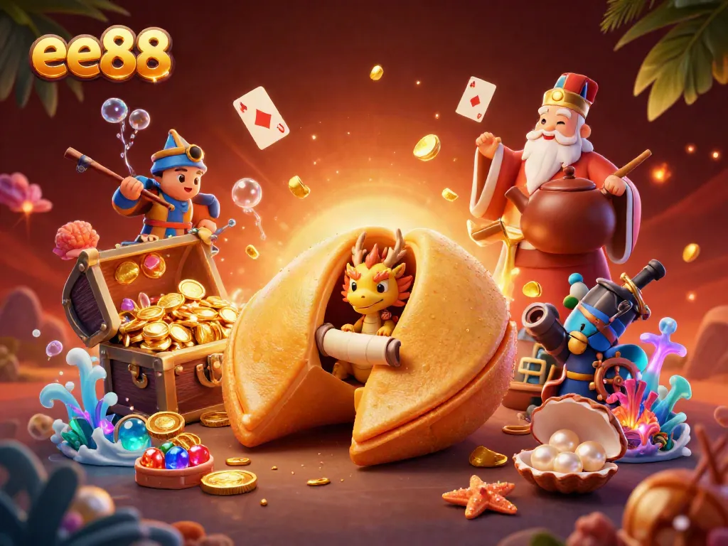 Engage with the exciting world of ee88 as a golden fortune cookie reveals a tiny dragon's wisdom amidst ocean treasures.