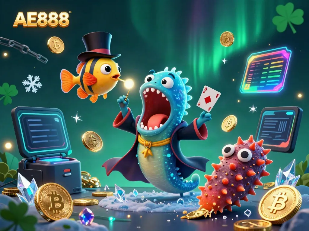 Experience exciting AE888 magic in a vibrant underwater casino scene filled with luminous creatures.