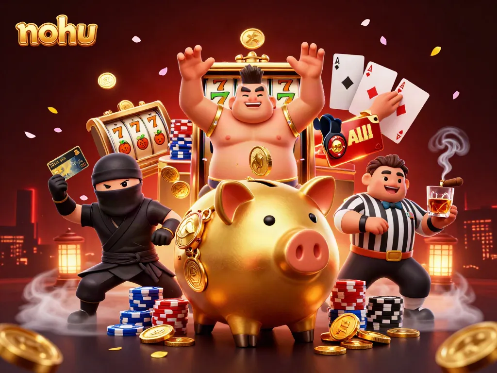Engage with nohu's thrilling slot experience, featuring a golden piggy bank wrestler and dynamic gaming elements.