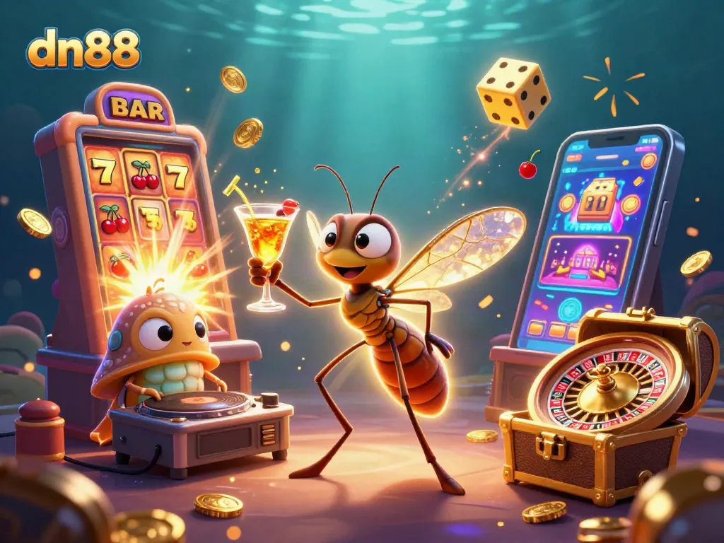 Experience a thrilling casino scene with dn88 featuring a lively mosquito mascot and immersive gaming elements.