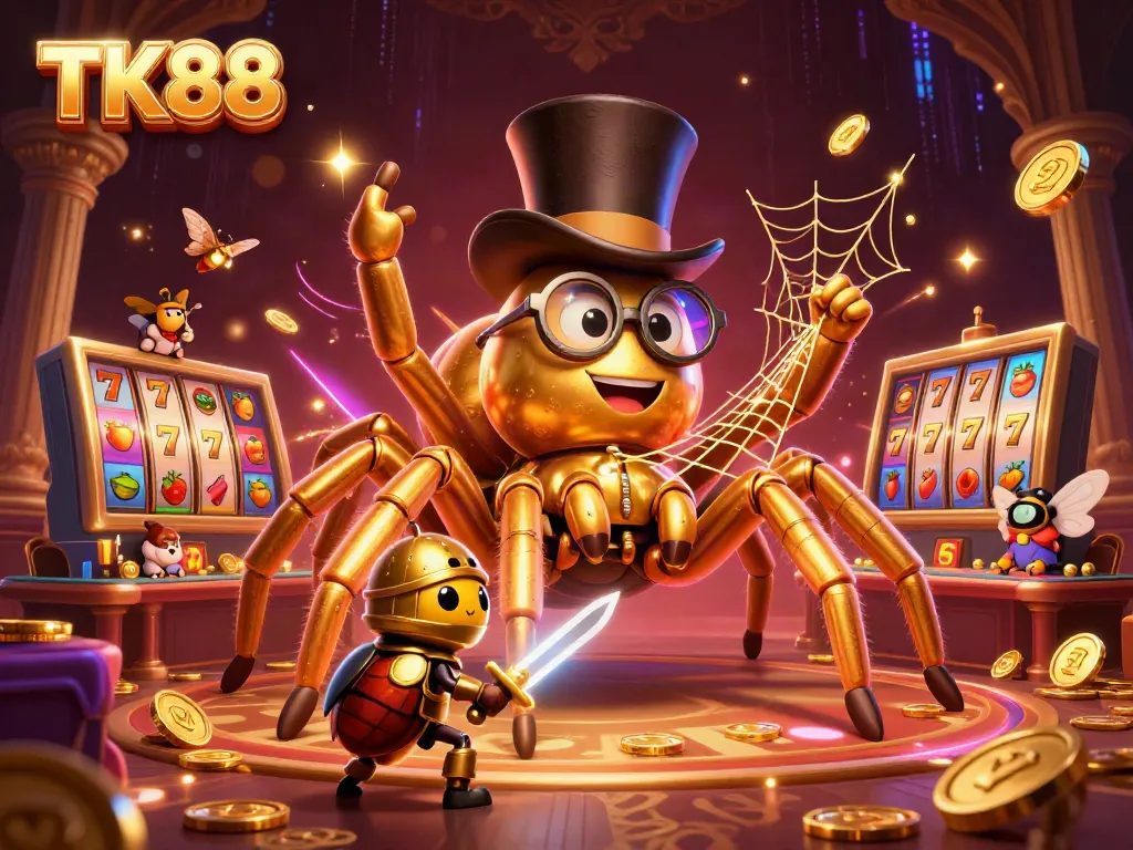 Bet big with TK88's vibrant casino scene featuring a giant golden tarantula and beetle knight.