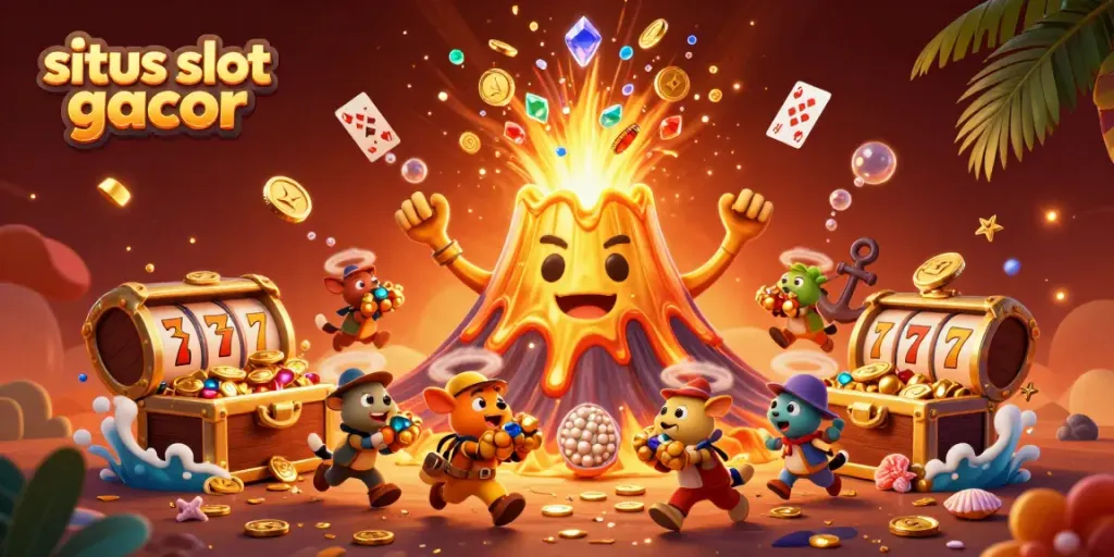 Experience thrill with situs slot gacor featuring animated volcano and treasures.