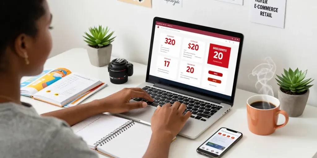Shopping online with a mister worker discount code in a cozy workspace.