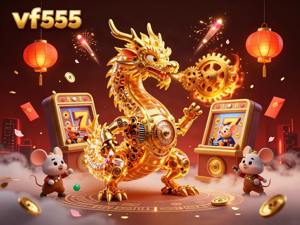 Experience vf555 thrills with golden dragon amidst slot reels and festive symbols in a vibrant casino scene.