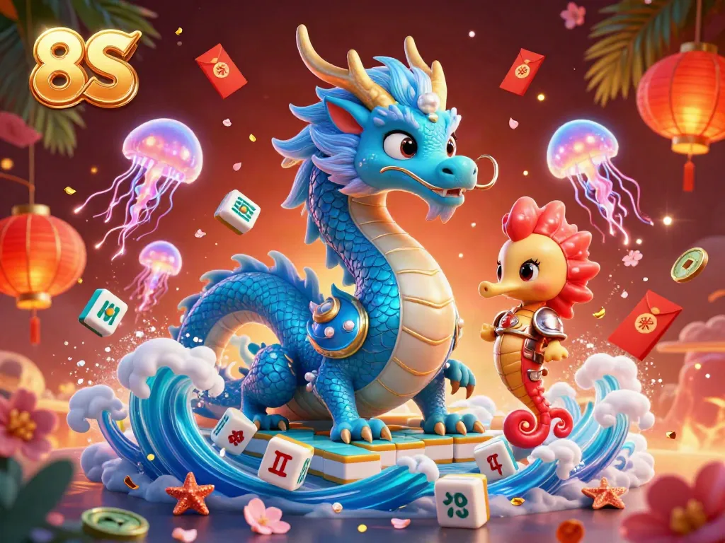 Experience exciting gameplay with the vibrant 8S casino scene featuring a dragon and seahorse knight.
