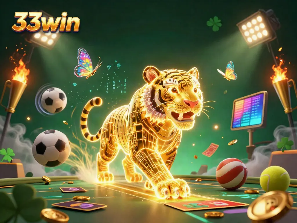 Bet on big wins with 33win's thrilling digital casino landscape featuring a golden tiger.