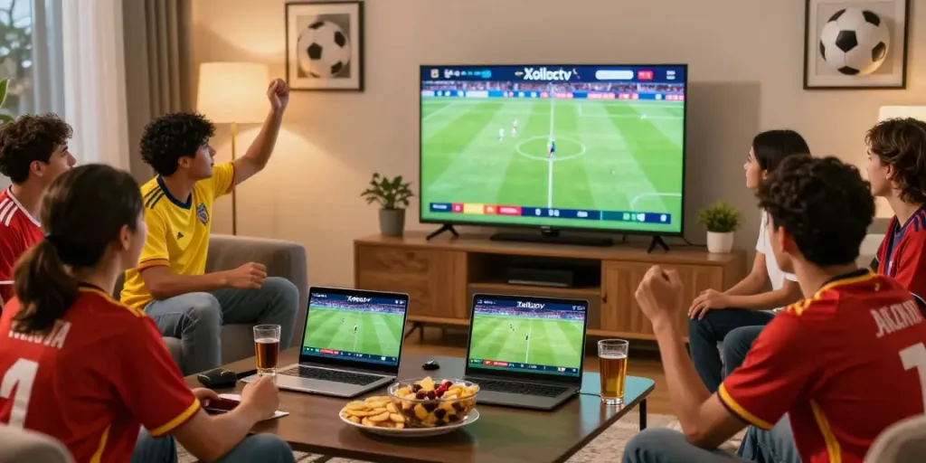 Xoilactv soccer viewing party with fans enjoying live streaming and snacks.