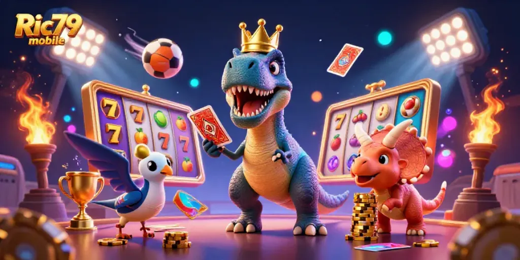 Experience the excitement of Ric79 mobile slots with friendly dinosaurs in a dynamic casino scene.