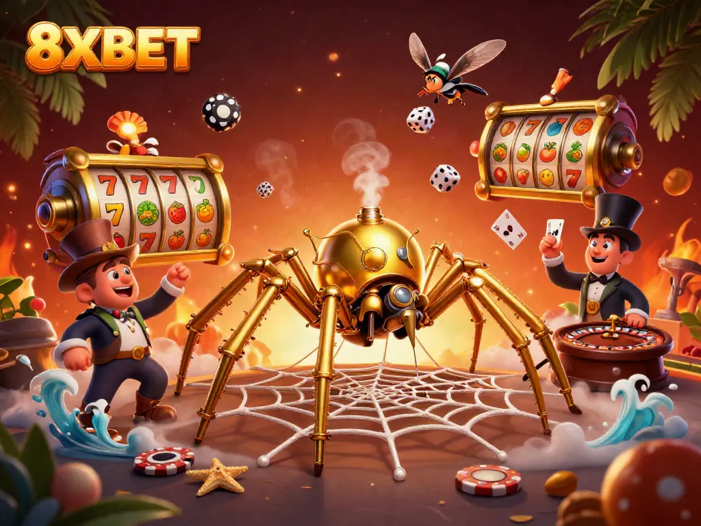 Engage with 8XBET's thrilling gaming experience featuring a steampunk spider, vibrant casino elements, and playful dice.