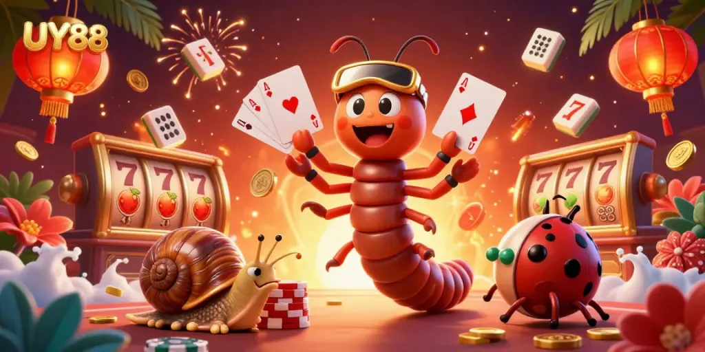 Experience the thrilling atmosphere of UY88 with a dynamic casino scene featuring colorful characters and slot reels.