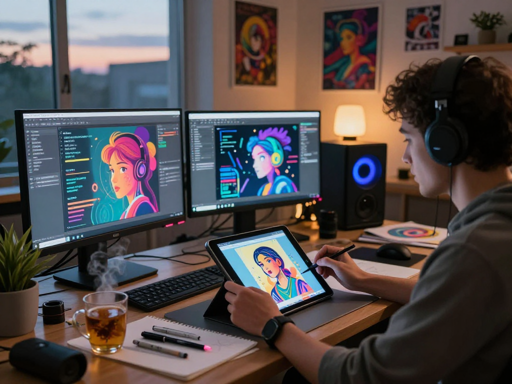 Artist creating vibrant nsfw ai illustrations in modern digital studio