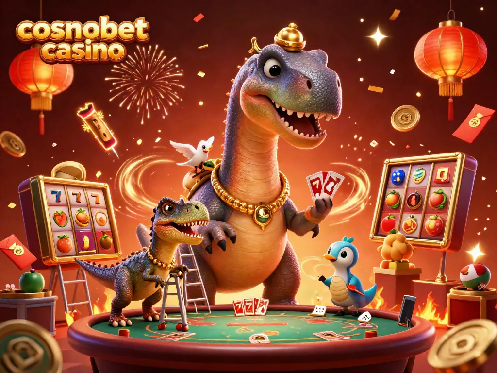 Experience excitement at cosmobet casino with a vivid 3D scene featuring a playful dinosaur and gaming elements.