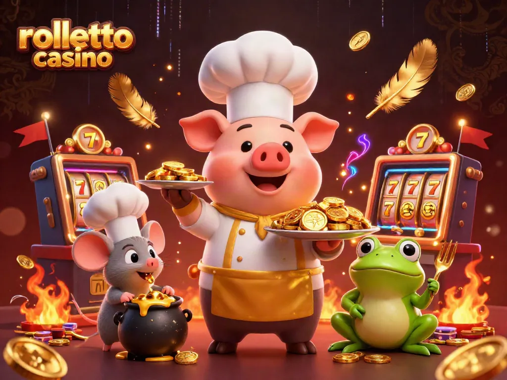 Experience rolletto casino through a vibrant 3D illustration showcasing a chef pig serving gold coins.