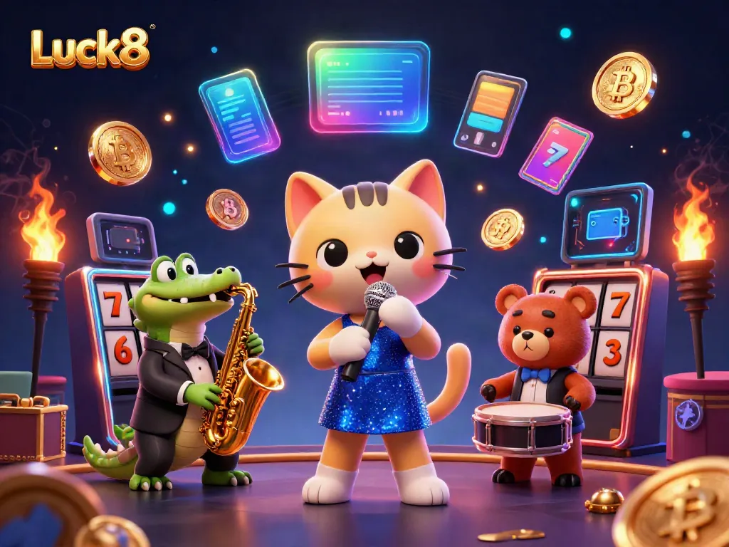 Luck8 features a vibrant casino scene with a singing cat, saxophonist crocodile, and drum-playing bear.