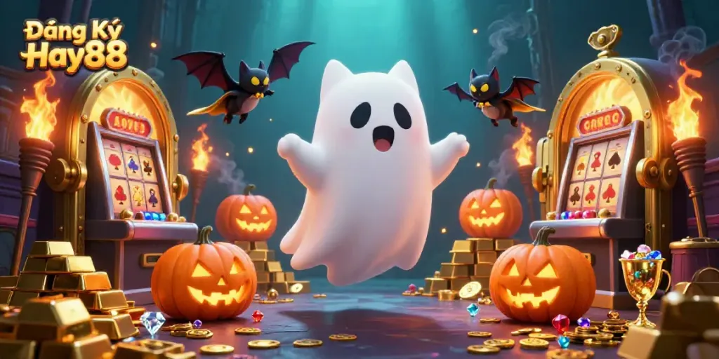 Make your Đăng Ký Hay88 experience even more fun with 3D cartoon ghost cat and vampire bat in a vibrant casino scene.