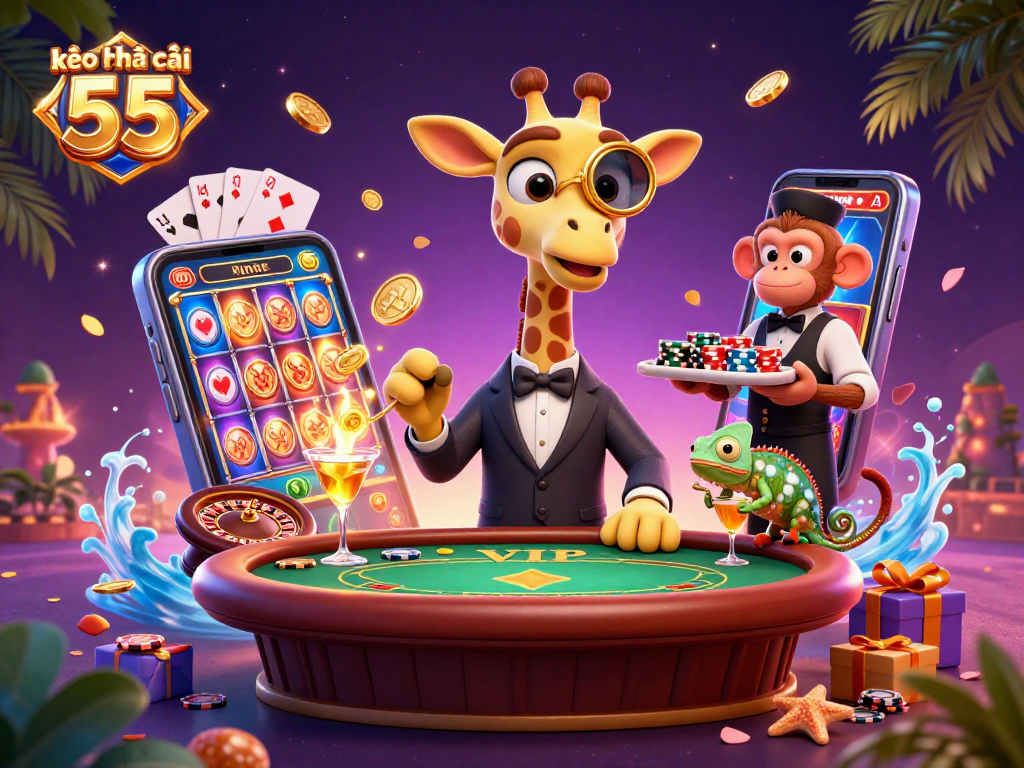Engage with kèo nhà cái 55 as a 3D giraffe high-roller plays poker amidst vibrant casino elements.
