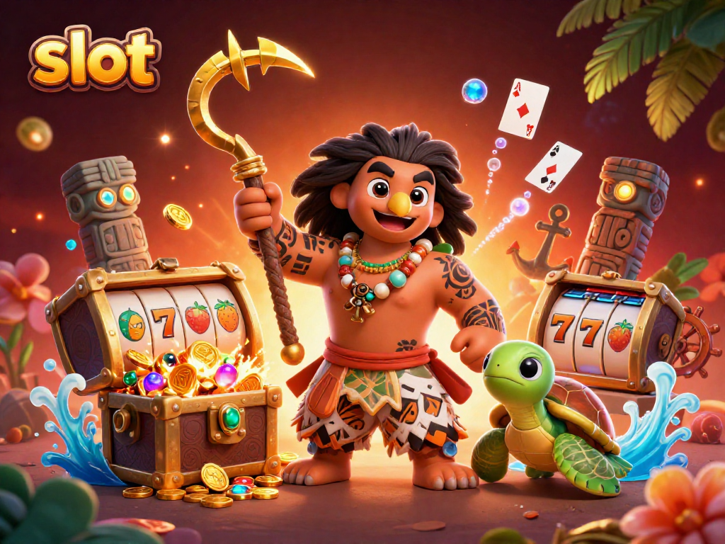 Spin the slot reels in a vibrant casino scene with Polynesian demigods and underwater treasures.