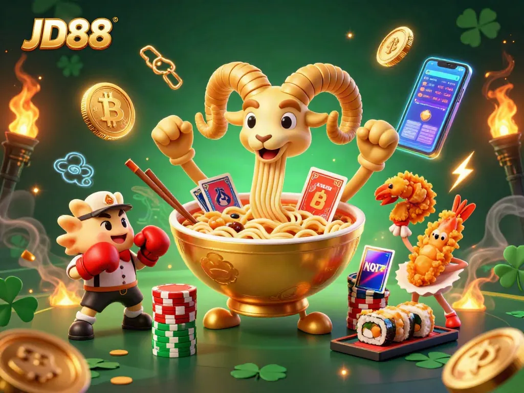 JD88 online casino vibrant illustration with crypto coins, dealers, and characters highlighting dynamic gaming.
