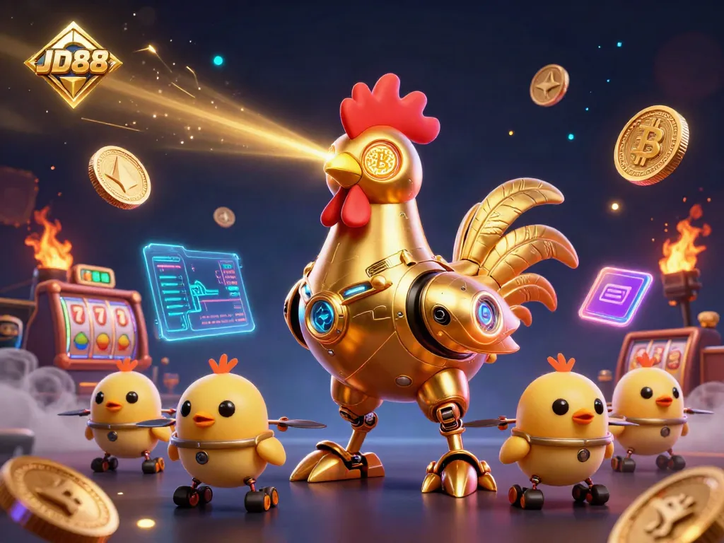 Engage with JD88's dynamic 3D casino illustration featuring crypto elements and vibrant gaming symbols.