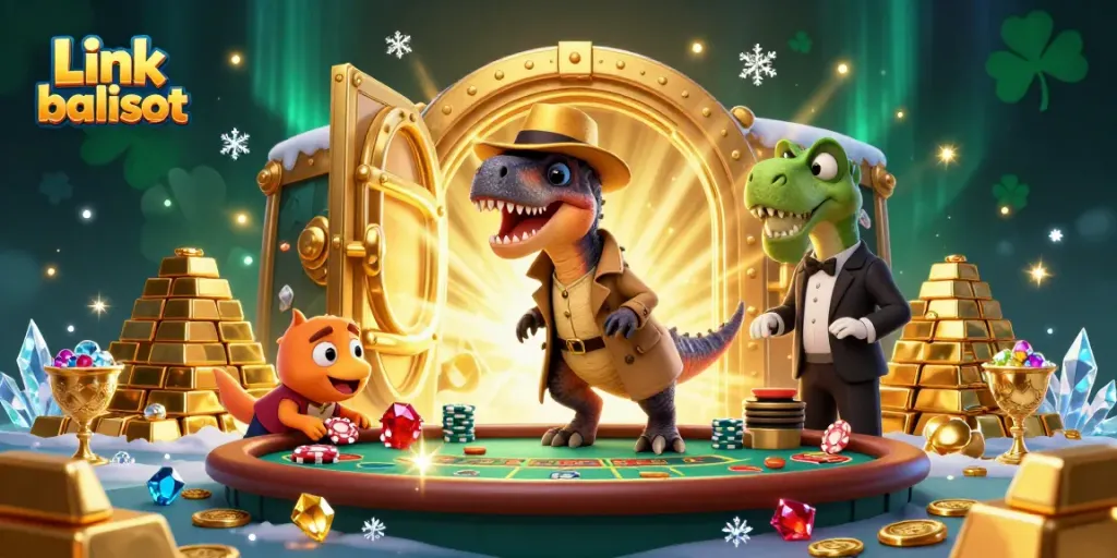Engage with the dynamic scene of Link balislot featuring a card-counting velociraptor amid casino treasures, capturing the thrill of gaming.