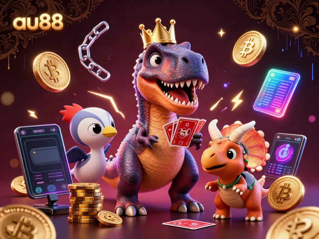 Engaging illustrated scene of au88 featuring a crowned T-Rex shuffling cards with crypto elements.