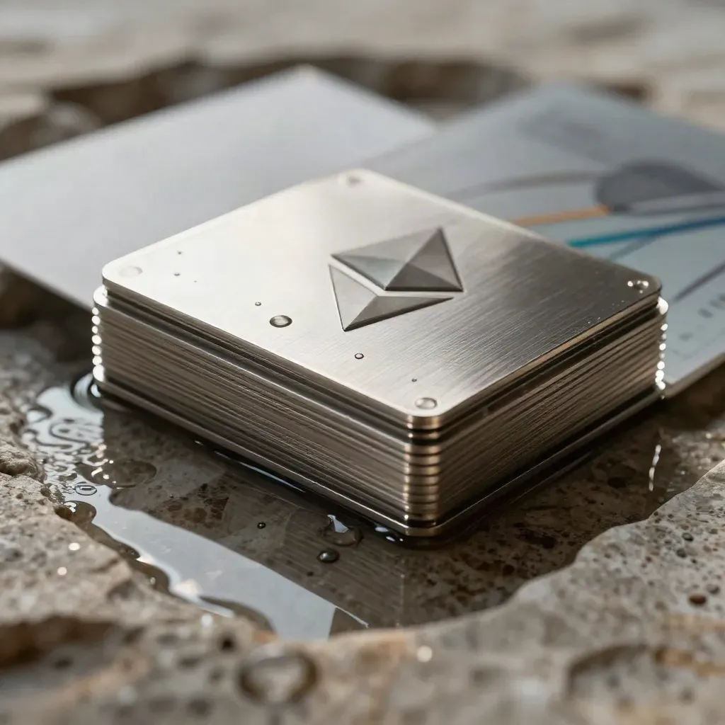 Close-up silver crypto chart pack resting in wet stone with rippling reflections.