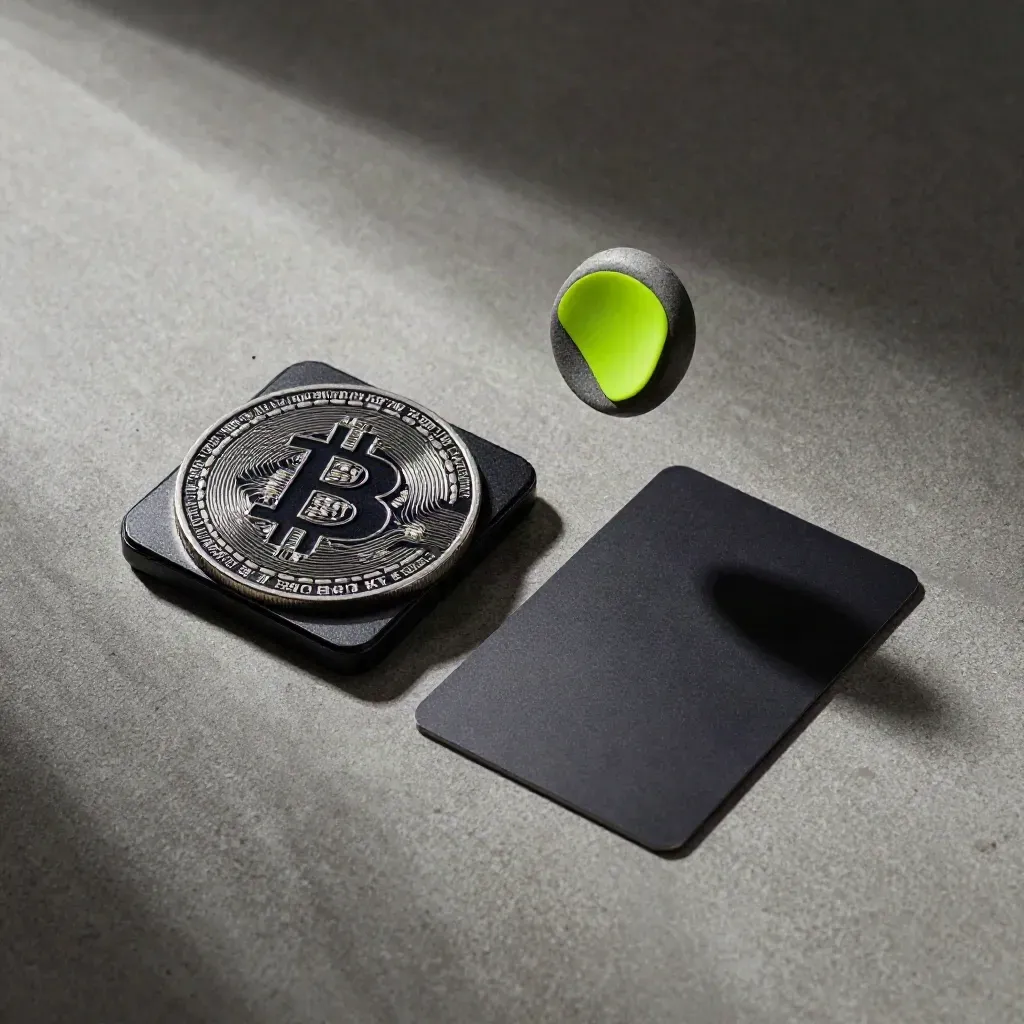 Matte-black Bitcoin swap kit pieces arranged diagonally on cool concrete with a green accent