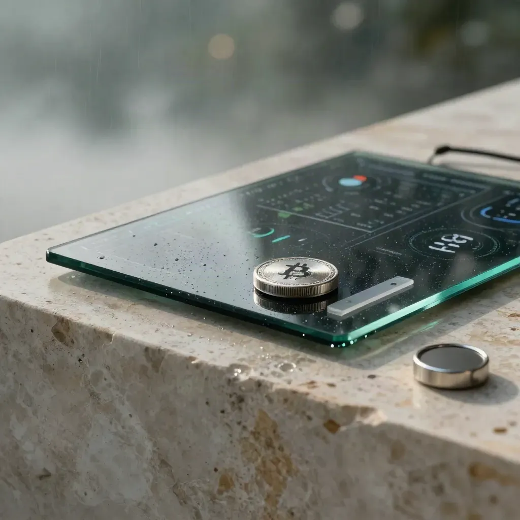 Dark-glass crypto dashboard hero with wallet puck, chart strip and alert ring on rain-sheened stone.