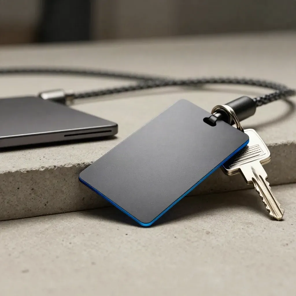 Wallet-connect card, braided cable loop, and sealed hardware keys on a concrete ledge with blue glow.