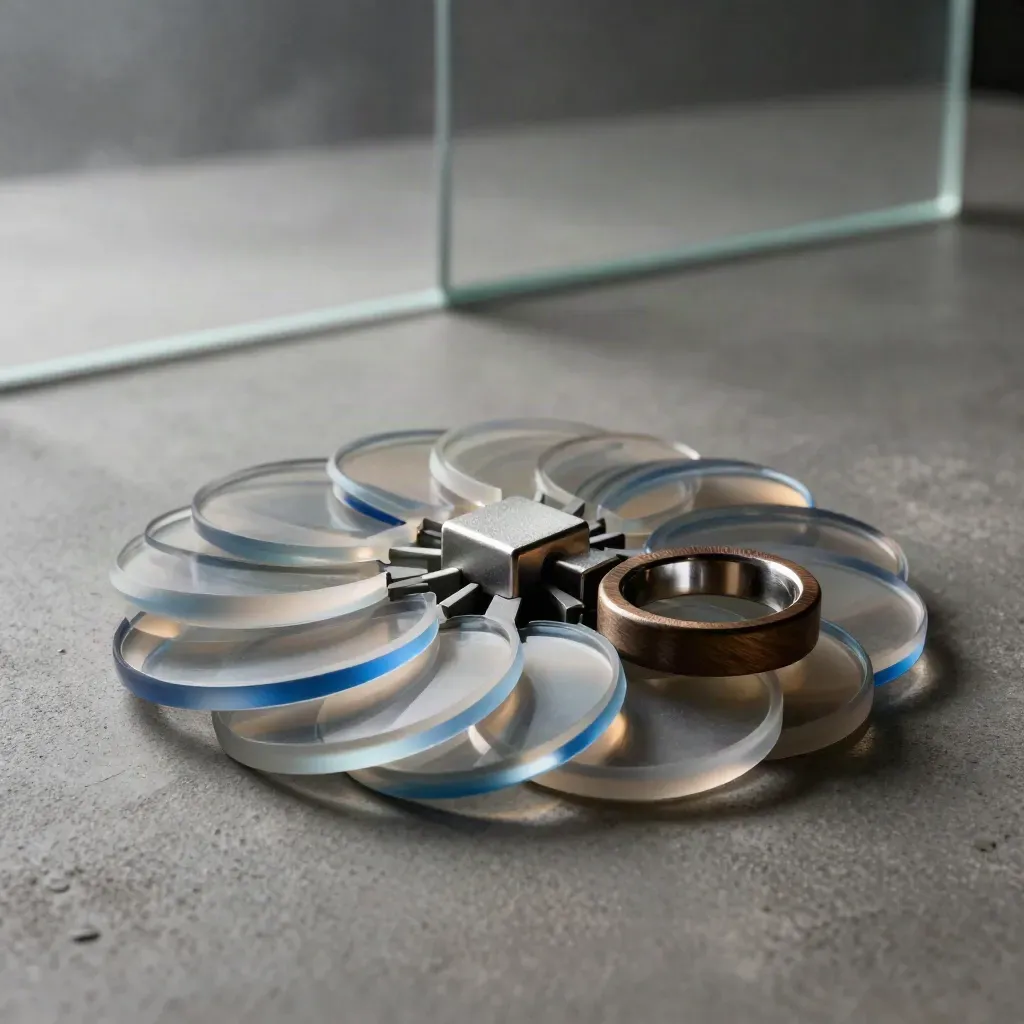 Translucent discs and rings lock into a crypto liquidity map on misty matte concrete, lit in electric blue.