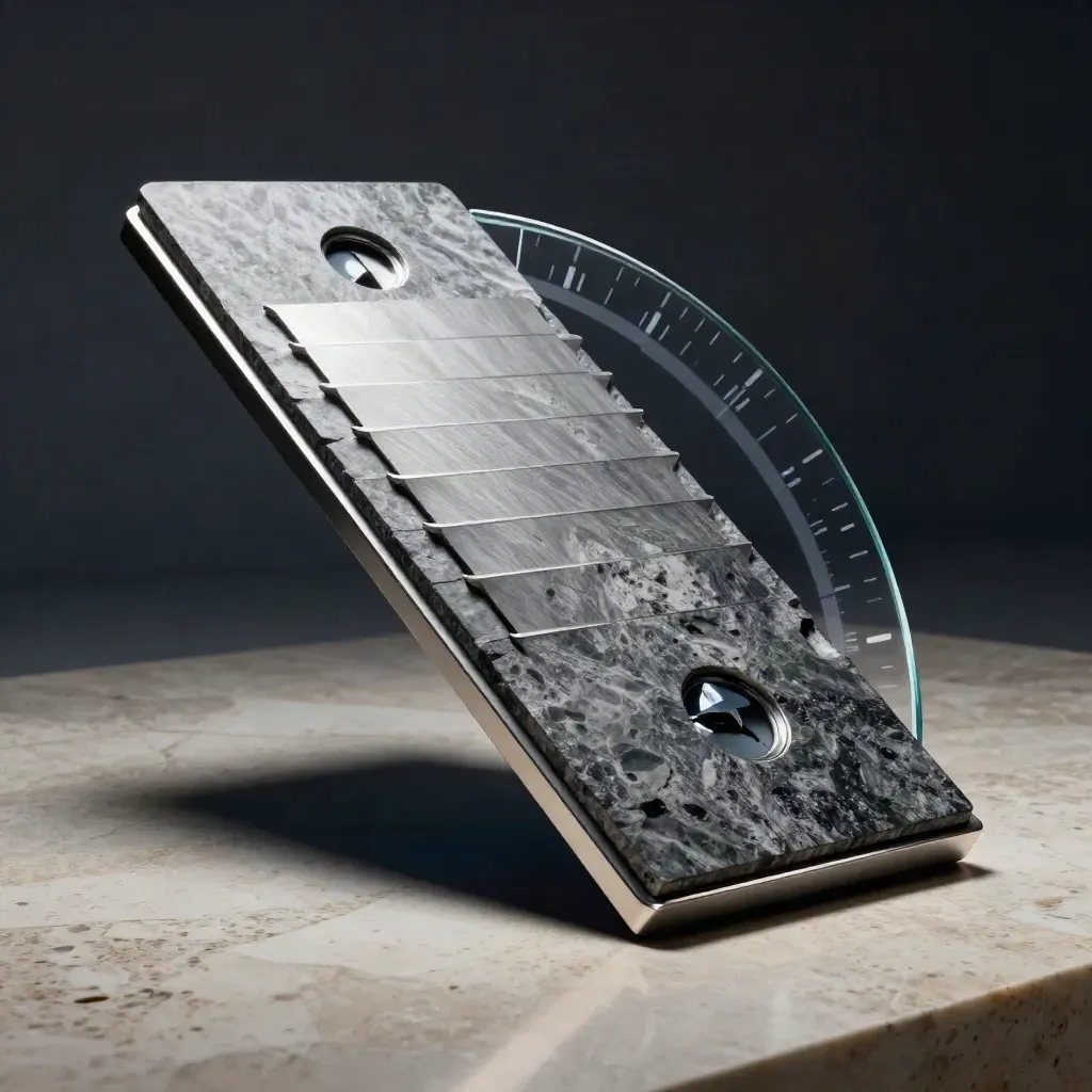 Low-angle crypto staking rate board sculpture with silver fins on travertine under dramatic studio light.