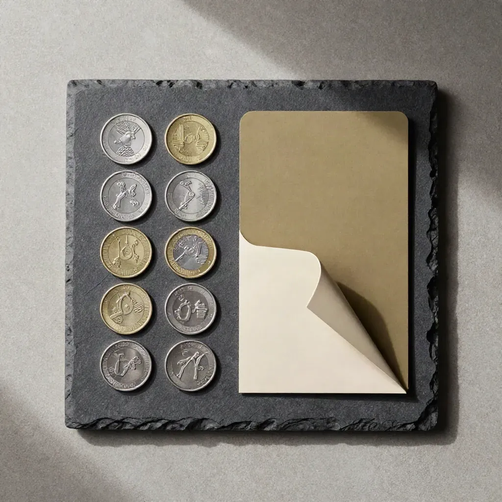 Overhead flatlay of dark tracker pieces with silver markers on pale concrete
