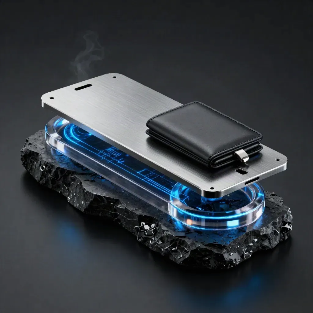 Sleek crypto bundle props bursting from dark stone with blue glow, reflections and haze.
