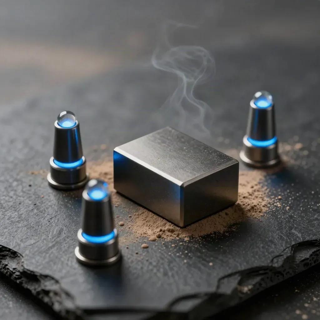 Three signal beacons around a dark token block in a dramatic macro product shot.