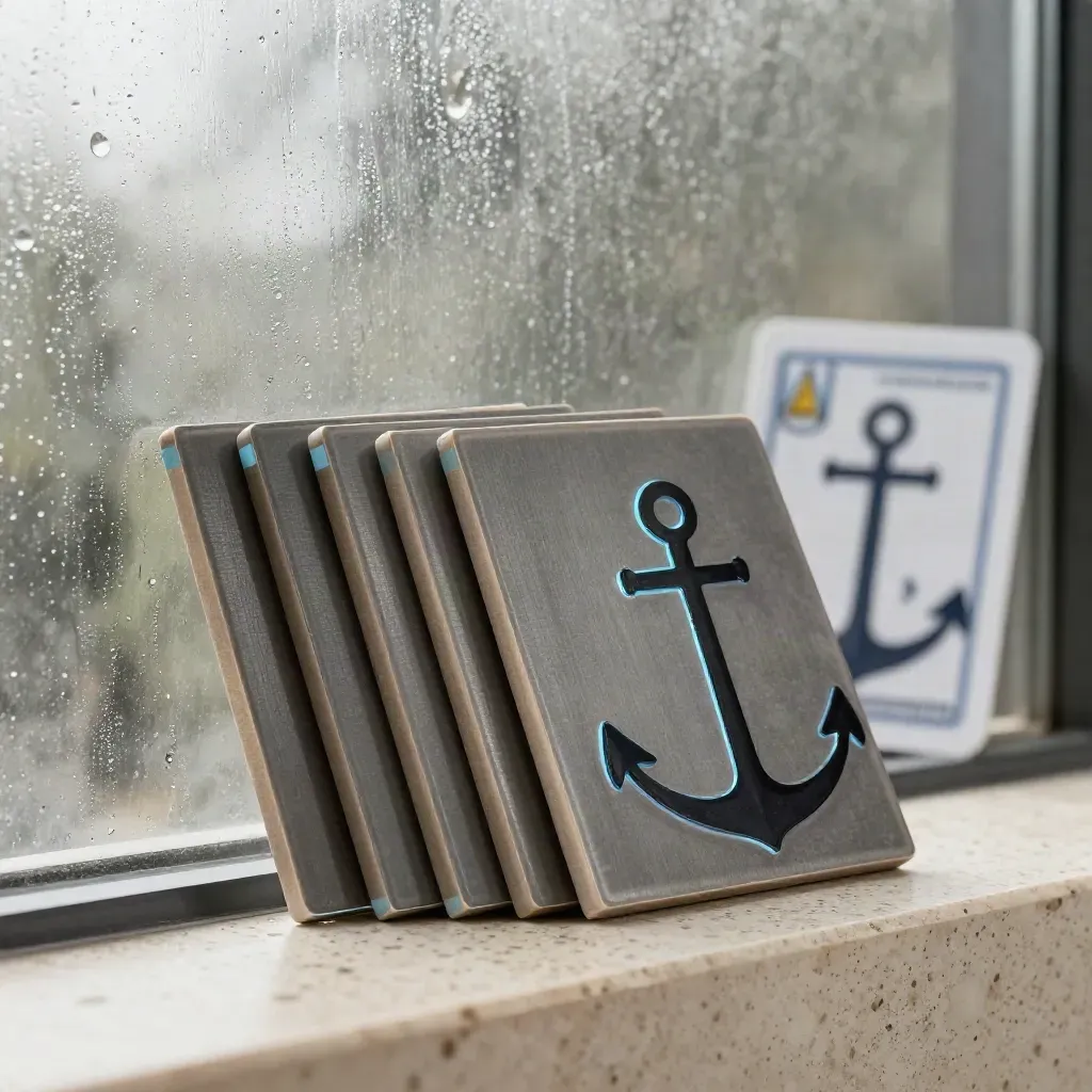 Five crypto token tiles fan across stone with electric-blue highlights.