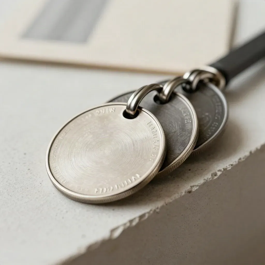 Three matte crypto tokens linked by a brushed metal band sliding on a pale plaster ledge