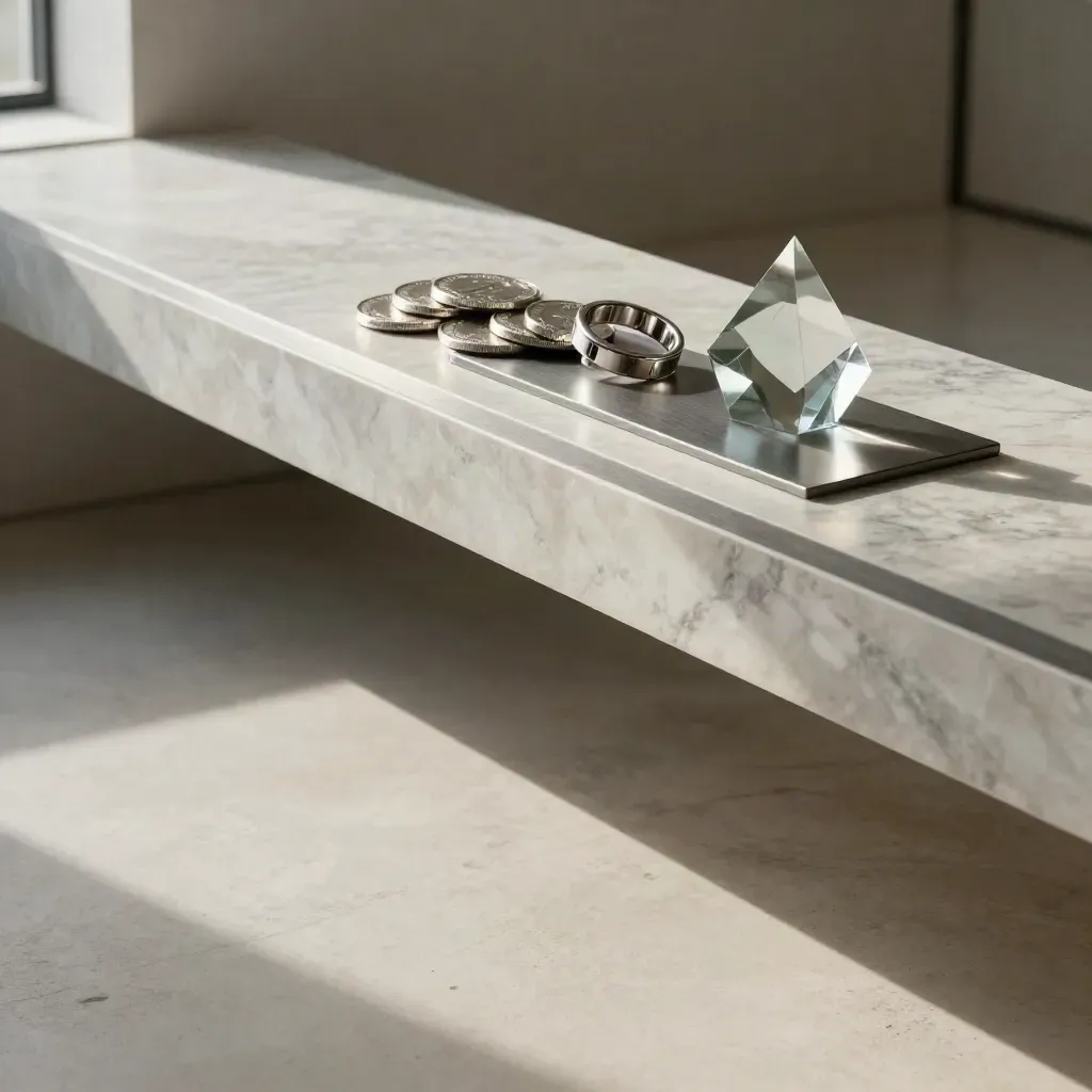 Stone atrium with silver token rings and marble ledge, calm copy space below.