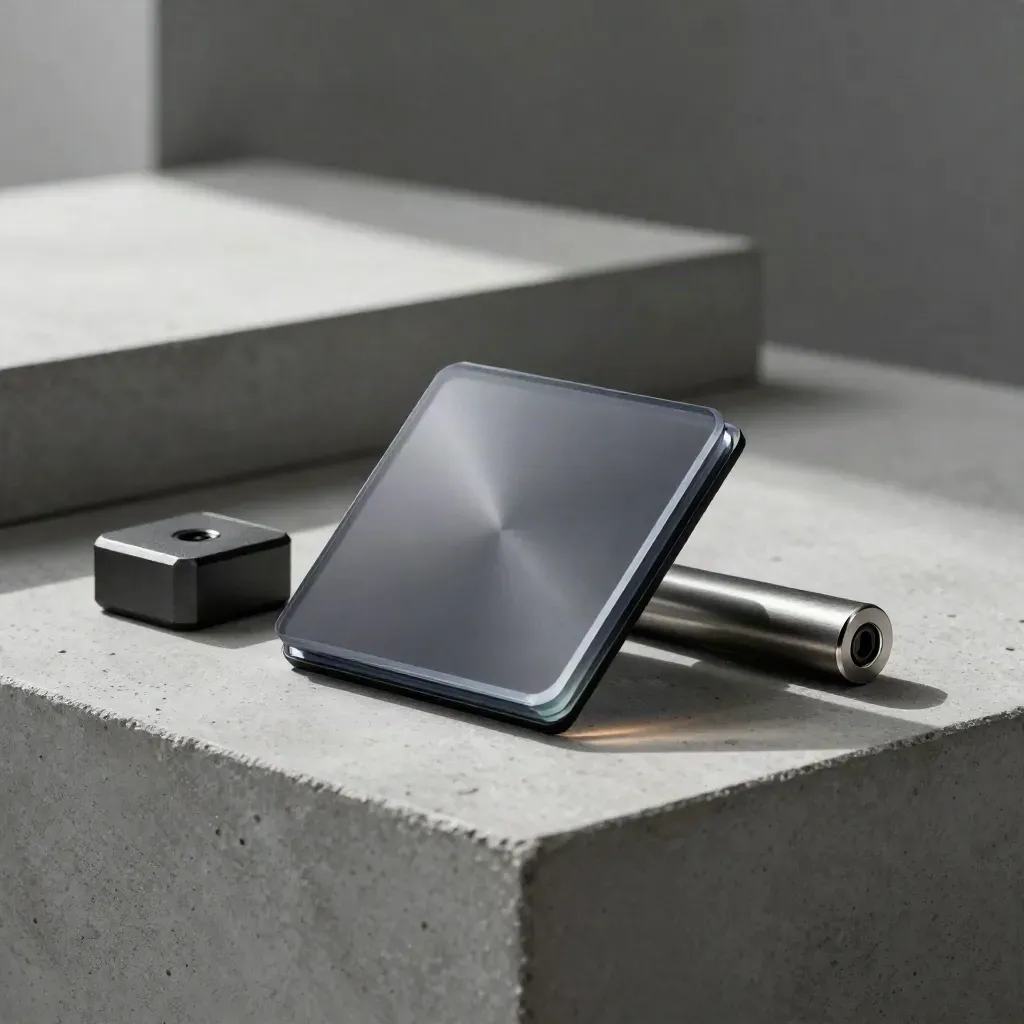 Layered dark crypto portfolio card with translucent planes on a concrete plinth.