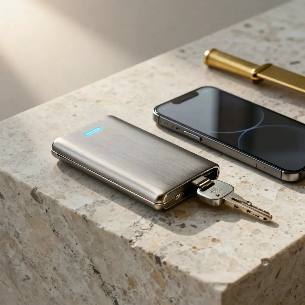Pale travertine scene with a hardware wallet, phone glow, and brass detail in soft light.