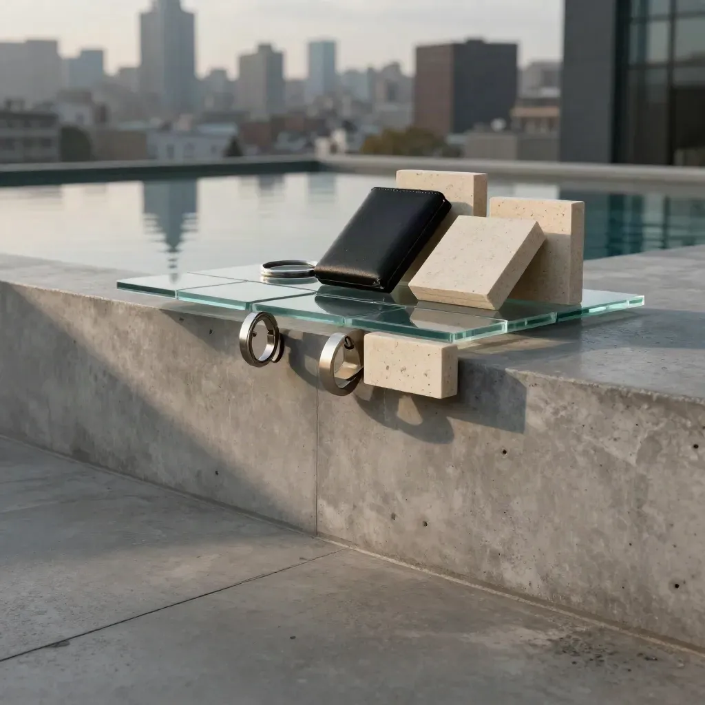 Concrete crypto gallery with reflective pool, smoky glass modules, and blurred city light.