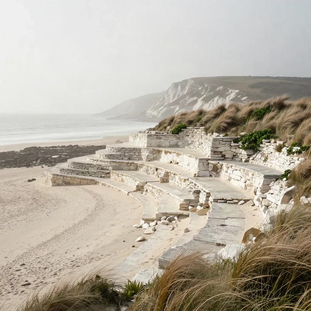 Windswept chalk coast with mist, terraced stone, dry grasses and open quiet foreground.